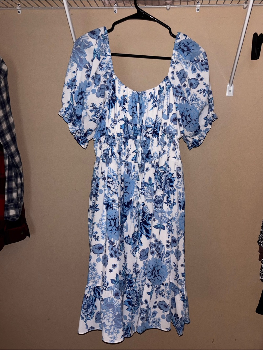 White and Blue Floral Maxi Dress with Puff Sleeves